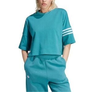 Adidas Adicolor Neuclassics Cropped Tee Teal Blue Crew Neck Logo & Stripes Small